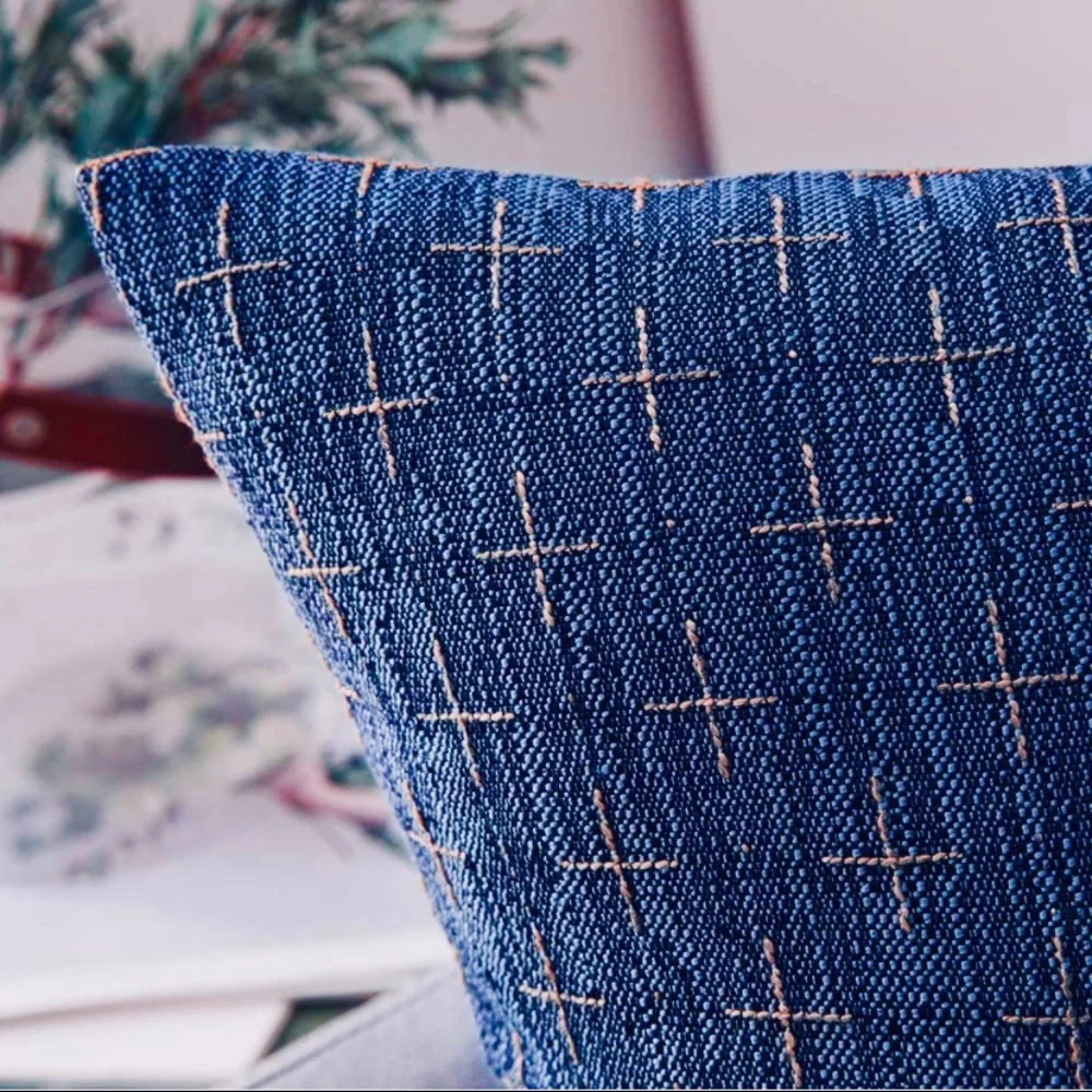 Luxury Home | Rustic Navy Blue Woven Embroidered Linen Blend Throw Pillow Covers